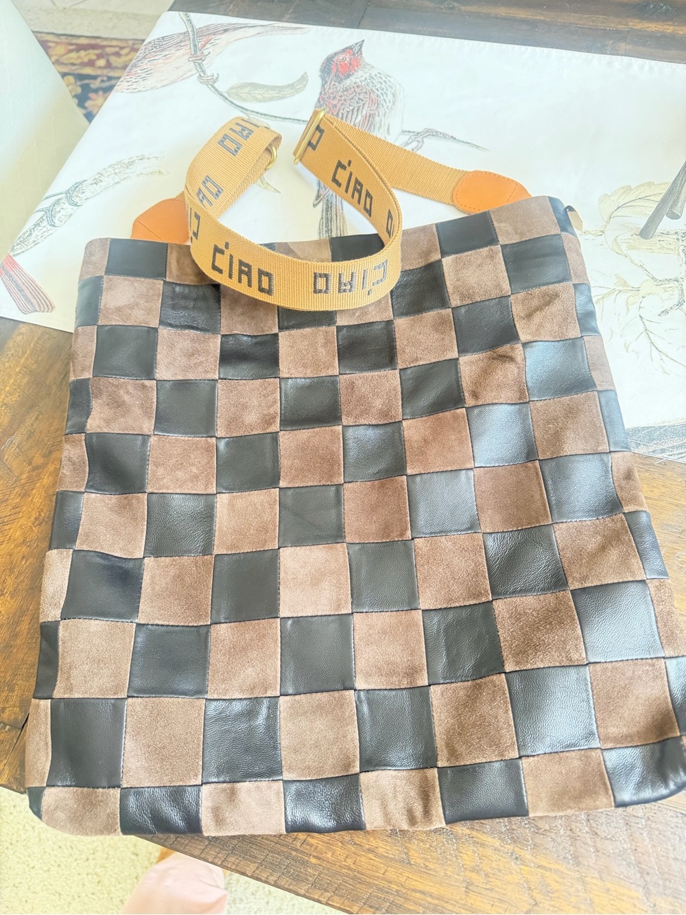 Clare V Brown and Black Checkerboard Tote with Yellow Strap
